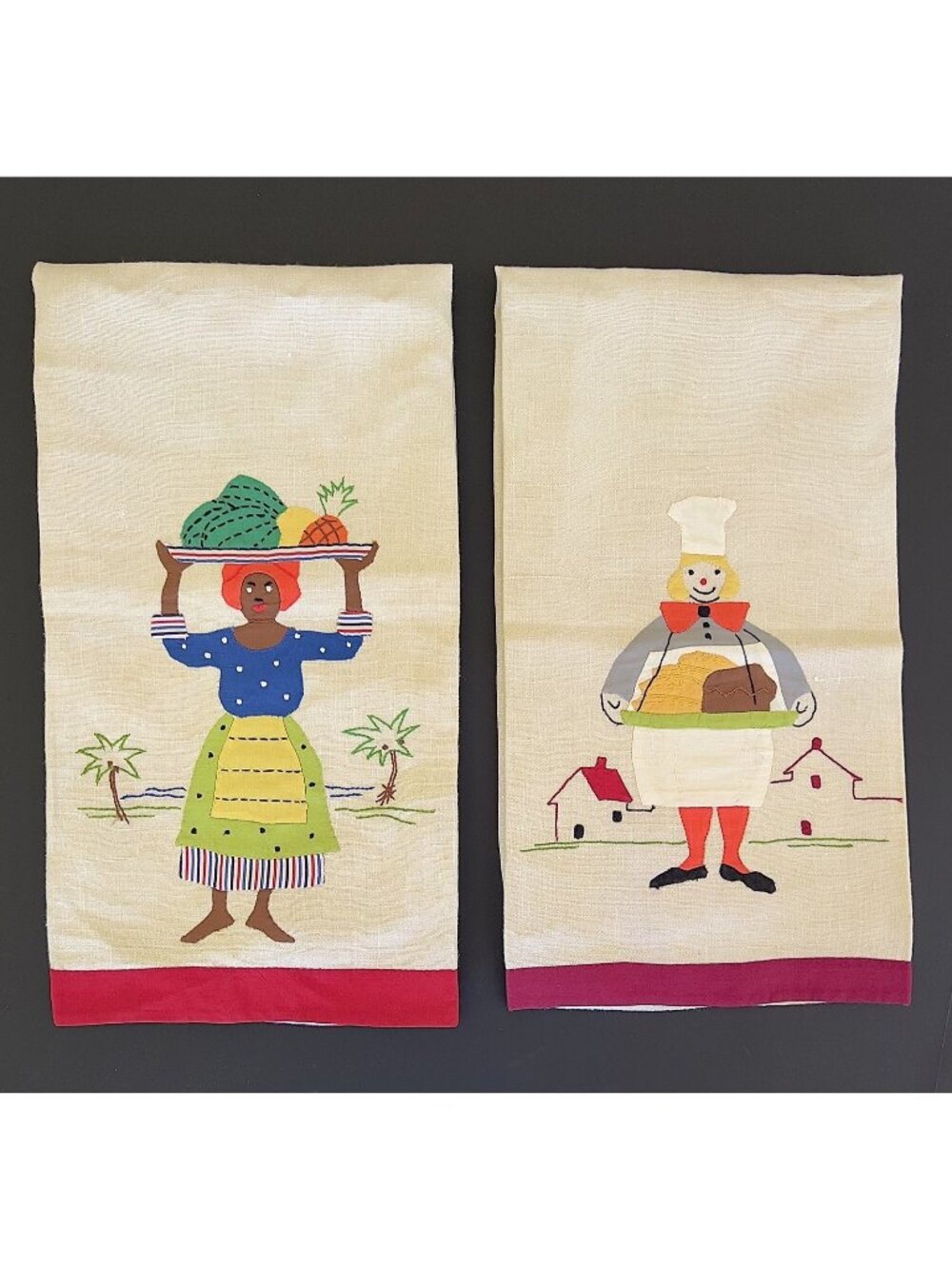 Vintage Jamaican Allsides Workroom Applique Linen Tea Towels Pair Folk Art Set